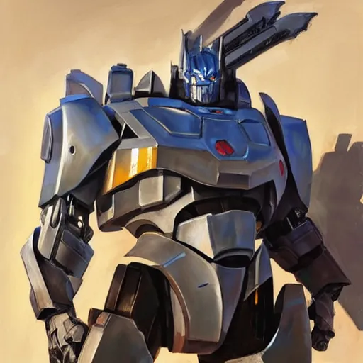 Image similar to greg manchess portrait painting of armored optimus prime as overwatch character, medium shot, asymmetrical, profile picture, organic painting, sunny day, matte painting, bold shapes, hard edges, street art, trending on artstation, by huang guangjian and gil elvgren and sachin teng