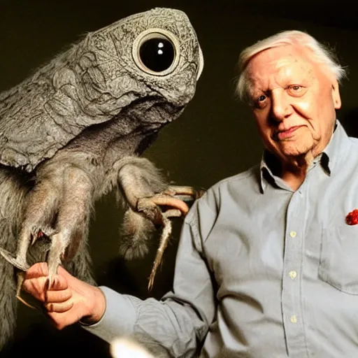 Image similar to Sir David Attenborough holding Mothman