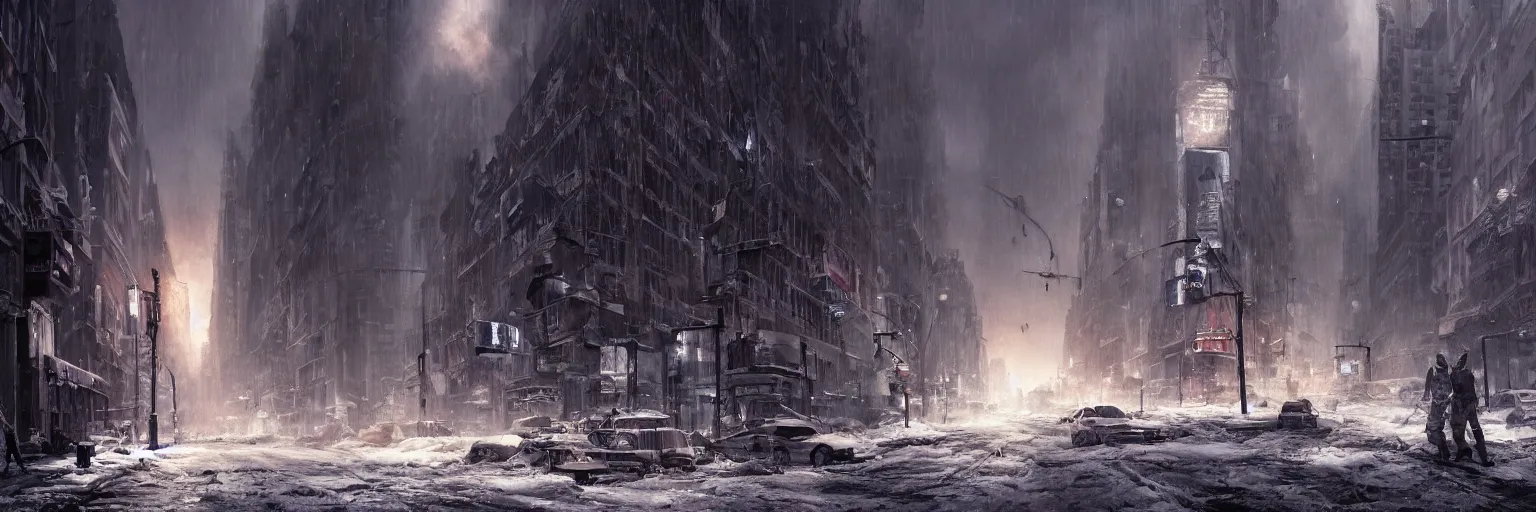 Image similar to Street in post apocalyptic Manhattan new york after a Blizzard, snow Storm, dramatic lighting, cinematic, establishing shot, extremly high detail, photo realistic, cinematic lighting, post processed, concept art, artstation, matte painting, style by eddie mendoza, raphael lacoste, alex ross