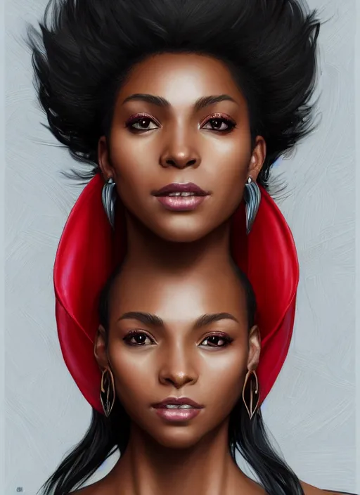 Prompt: portrait of a black female mage, looking at camera, D&D, leather armor, medium black hair with a red tint, intricate, elegant, stylish, cute smile, fantasy, extremely detailed, digital painting, artstation, concept art, smooth, sharp focus, illustration, ambient lighting, art by artgerm and greg rutkowski and alphonse mucha and simon stalenhag