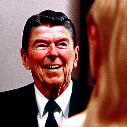 Image similar to “a still of Ronald Reagan playing Catherine Tramell in Basic Instinct (1992)”