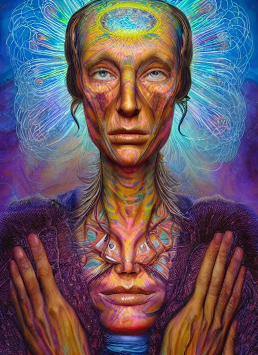 Image similar to portrait ultra dimensional cult woman shaman, accidentally tripping on dmt and acid, psychedelic experience, ascending through the fifth dimension moving at the speed of light and sitting still, portal, ultra high definition, unreal engine 5, hyperrealism, masterpiece composition, by peter kemp, casey weldon, barclay shaw