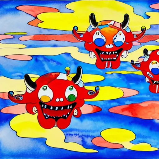 Image similar to Three bright red demons flying up from a desert canyon in the style of Takashi Murakami, highly detailed, watercolor background, Kids See Ghosts
