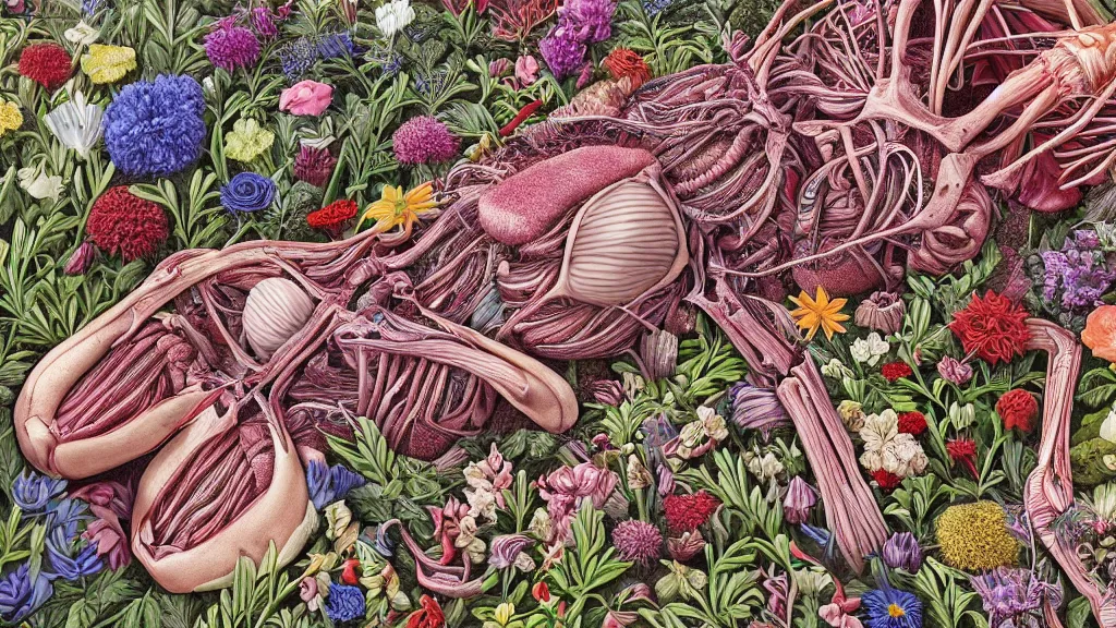 Image similar to highly detailed illustration of a human anatomy body exploded by all the known species of flowers by michael reedy