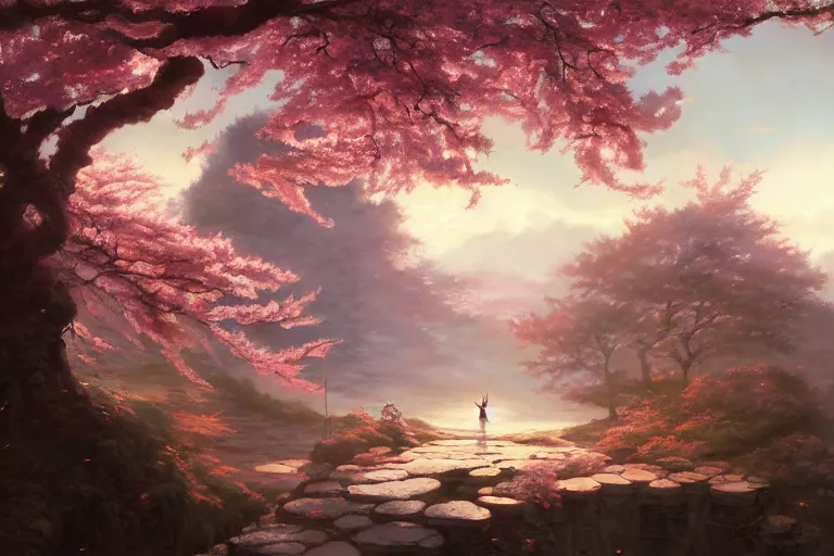 Image similar to wuxia, ancient relic, cherry blossoms, unreal engine, fantasy art by greg rutkowski, loish, rhads, ferdinand knab, makoto shinkai and lois van baarle, ilya kuvshinov, rossdraws, tom bagshaw, global illumination, radiant light, detailed and intricate environment