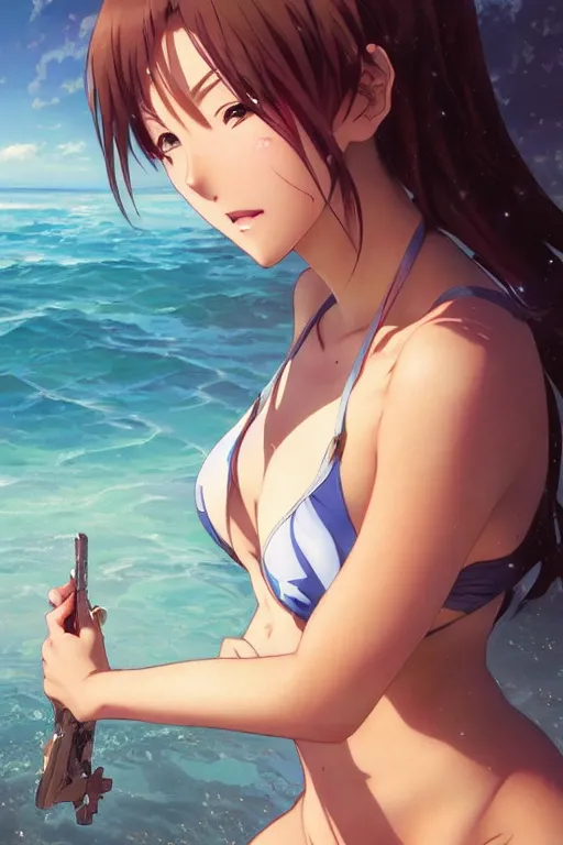 Image similar to anime key visual of a beautiful young female in a swimsuit, stunning, highly detailed, digital painting, artstation, smooth, hard focus, illustration, art by artgerm and greg rutkowski and alphonse mucha
