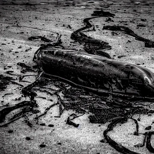 Image similar to crashed cargo plane leaking mysterious black gooey liquid, mysterious black slime, black gooey liquid leaking out of crashed cargo plane, apocalyptic, 8 5 mm f / 1. 4