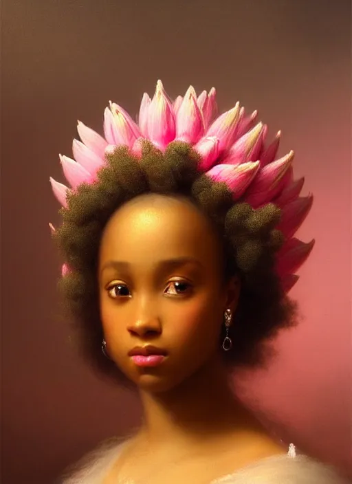 Prompt: stunning african princess, detailed pink and white protea head peace against a black backdrop by ivan aivazovsky, wlop, oil painting, beautiful soft lighting, vintage, rococo, muted colours, artstation