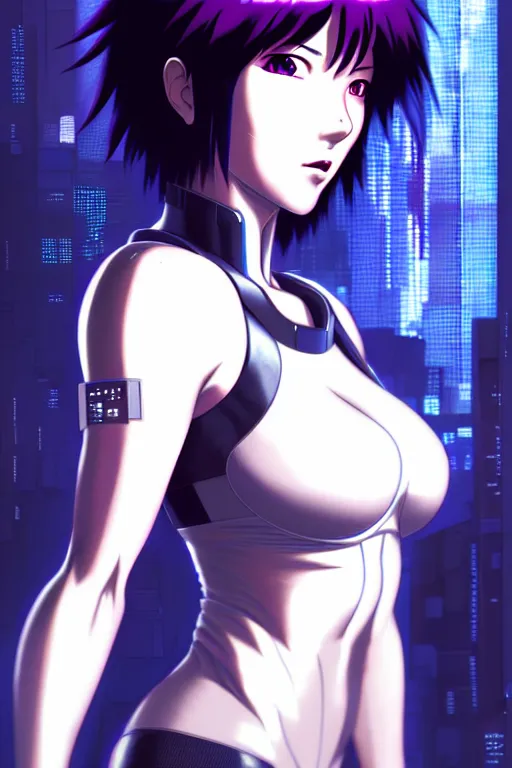 Image similar to a still fullbody portrait of motoko kusanagi ghost in the shell, finely detailed features, closeup at the faces, perfect art, at a cyberpunk city, gapmoe yandere grimdark, trending on pixiv fanbox, by ilya kuvshinov, rossdraws, artgerm