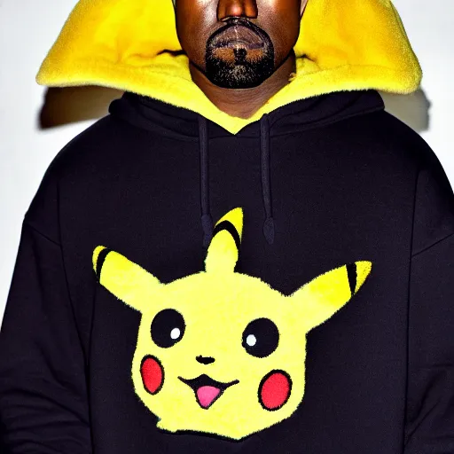 Prompt: kanye west in a yellow pikachu! hoody