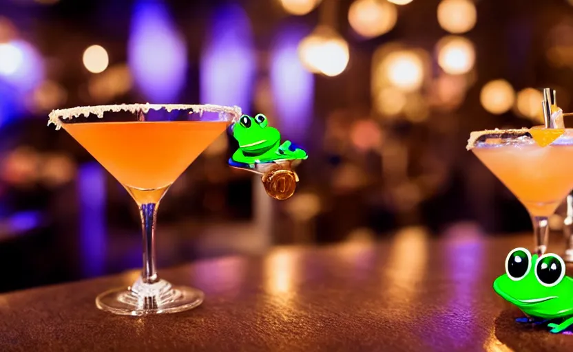 Prompt: formal frog mascots drinking cocktails at a fancy bar, highly detailed, extremely high quality, hd, 4 k, 8 k, professional photographer, 4 0 mp, lifelike, top - rated, award winning, cinematic, realistic, detailed lighting, detailed shadows, sharp, no blur, edited, corrected, trending