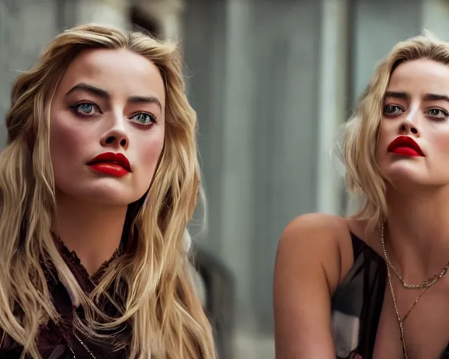 Image similar to margot robbie and amber heard mix, hyper realistic face, beautiful eyes, cinematic, long shot, hyper detailed, 8 5 mm photograph, 8 k resolution, film still, sharp lens, wide lens