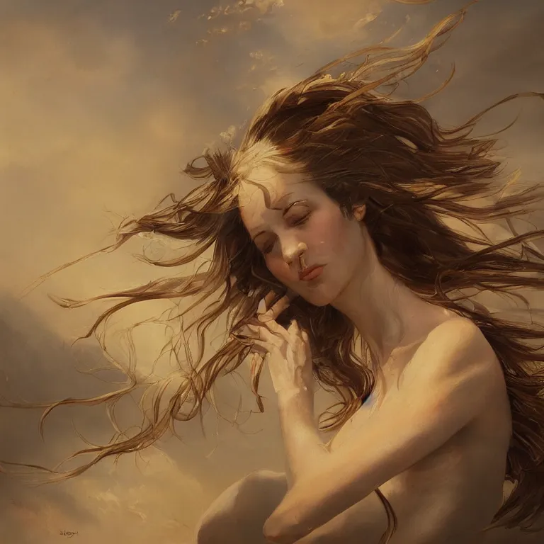 Prompt: a beautiful masterpiece painting of a herione by juan gimenez, windy day, award winning, trending on artstation,