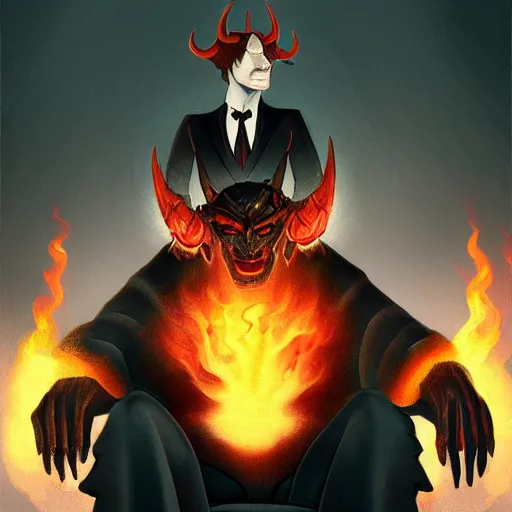 Prompt: A Male Devil sits on a throne and wears a black tuxedo , hell, landscape, fire, environment, Artstation