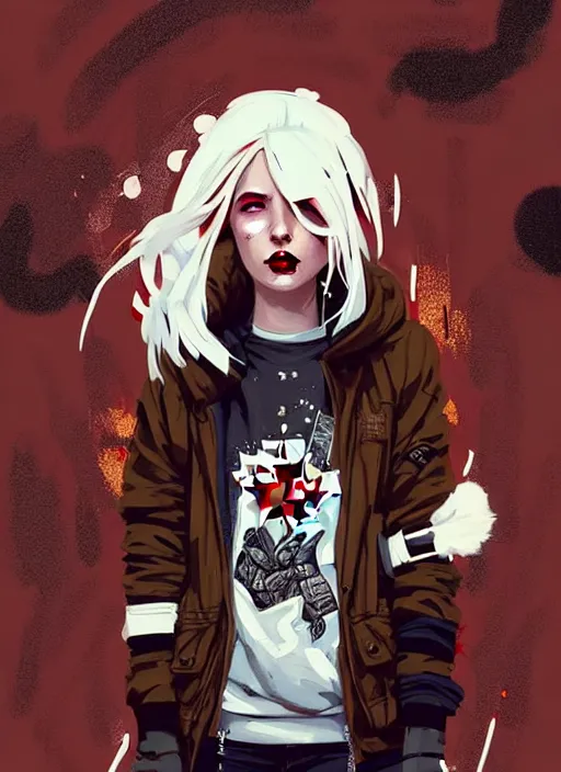 Image similar to highly detailed portrait of a sewer punk canadian lady, tartan hoody, white hair by atey ghailan, by greg rutkowski, by greg tocchini, by james gilleard, by joe fenton, by kaethe butcher, gradient red, brown, blonde cream and white color scheme, grunge aesthetic!!! ( ( graffiti tag wall background ) )