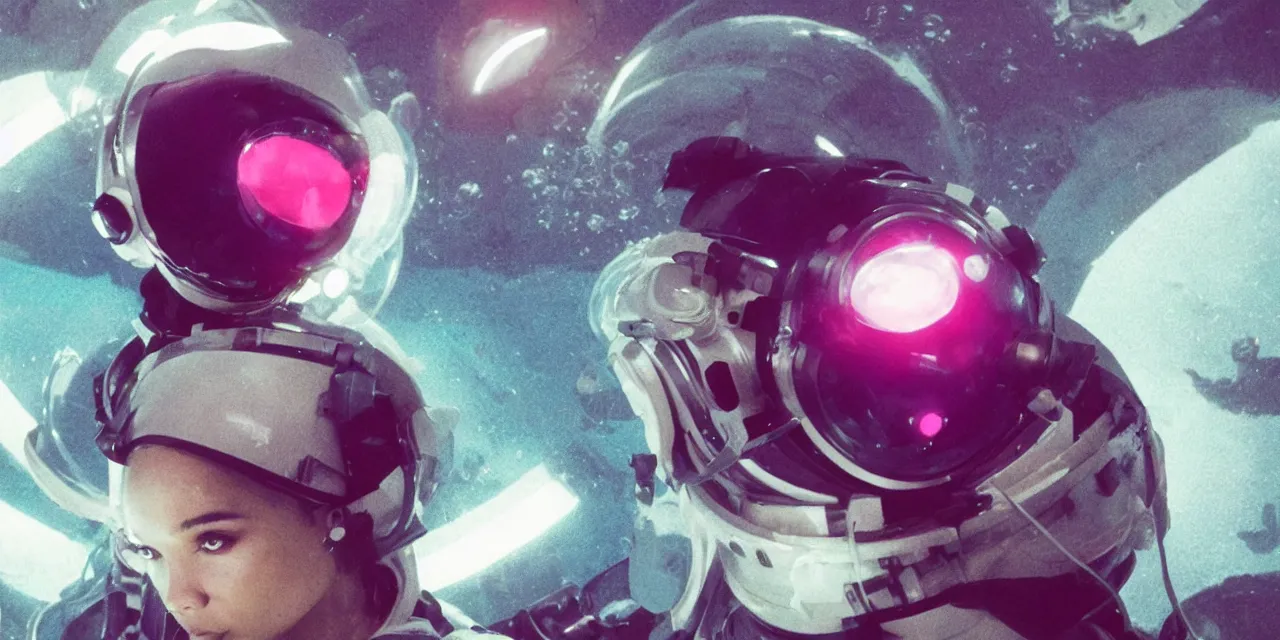 Image similar to Zoe Kravitz with short hair as a retro astronaut, helmet with led lights, alone underwater in the ocean at night, clear water, glowing bubbles, volumetric lighting, glowing lights, 4k, octane, unreal engine, digital painting, artstation, concept art, high contrast, high saturation , cinematic film still, sharp focus, illustration, art by Christopher Nolan and artgerm and greg rutkowski and alphonse mucha , wide angle view, full body