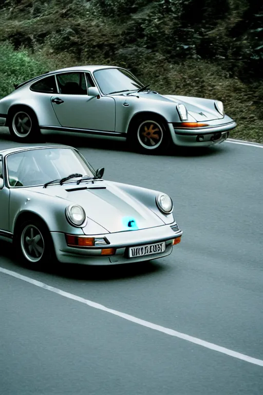 Image similar to Photo of a Porsche 911 Carrera 3.2 on a winding road through mountains and forests. Canon EOS 100, 28-80mm USM MkI, Ektachrome E100