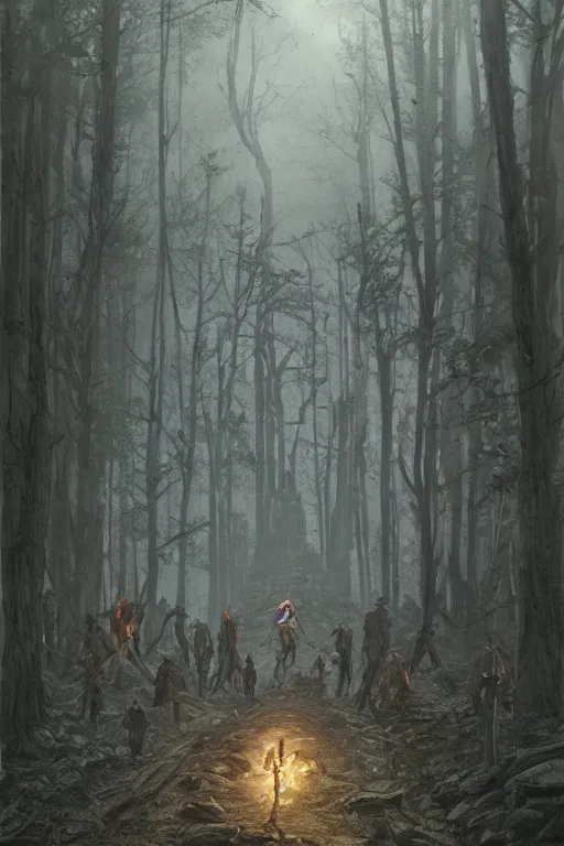 Image similar to A gang of frankensteins in the forest, horror, illustrated by Greg Rutkowski and Caspar David Friedrich., Trending on artstation, artstationHD, artstationHQ, 4k, 8k