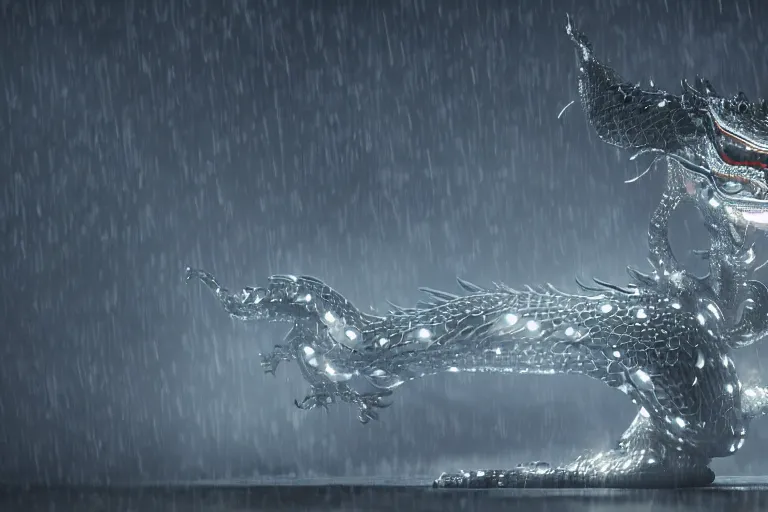 Prompt: cinematic telephoto shot of a silver cybernectic chinese dragon in the rain, midnight city lights, strong bokeh, dramatic lighting, unreal engine, cgsociety, artstation, 4k