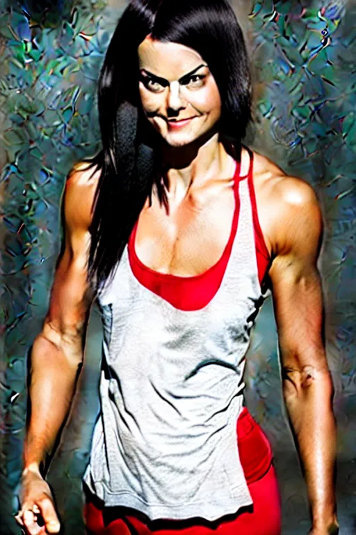 Image similar to realistic photograph. warrior woman, 2 7 years old, in her bedclothes : tight, white tanktop lose, comfortable, red pajama pants. jaimie alexander. her hair is short, straight, raven - black. fair - complected but tan. tall and gracile, except for her thick ripped vascular buff muscular arms and her ample bust.