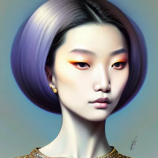 Image similar to digital painting of a close up face portrait of an elegant, beautiful, sophisticated, fashionable, pretty, young burmese - japanese depressed model, lucid pulsar star energy. intricate ornate detail, eye focus, by artgerm, range murata, jeremy lipking, trending on pinterest, artstation hq, vivid 8 k, film still.