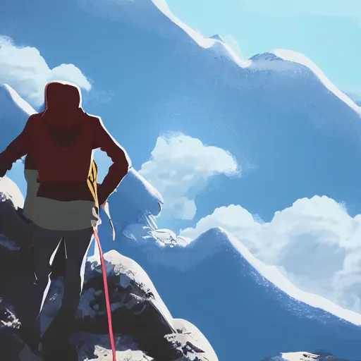 Prompt: person with hoodie walking up a mountain with a backpack that has katanas on the sides, anime, amazing composition, astonishing detail, smooth lines, beautiful scenery
