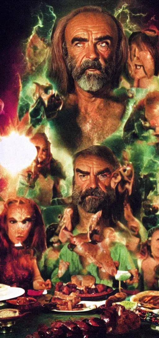 Prompt: a 3 5 mm color closeup macro picture of sean connery as zardoz accessing third eye second level during his 9 6 6 th birthday party along with female friends. everything is of the second level including plates of green bread and hams on the isle of kun lao. volumetric lighting with picoso hotdogs. atmospheric. national geographic.