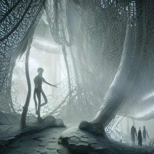 Image similar to biocomputer human organ inside a bio - neural antique lace, in a biomechanical cave forest, futuristic environment, matte painting, diffused lighting, highly detailed cinematic, atmosphere, diffused lighting, highly detailed digital art, trending on artstation, depth of field, wide angle