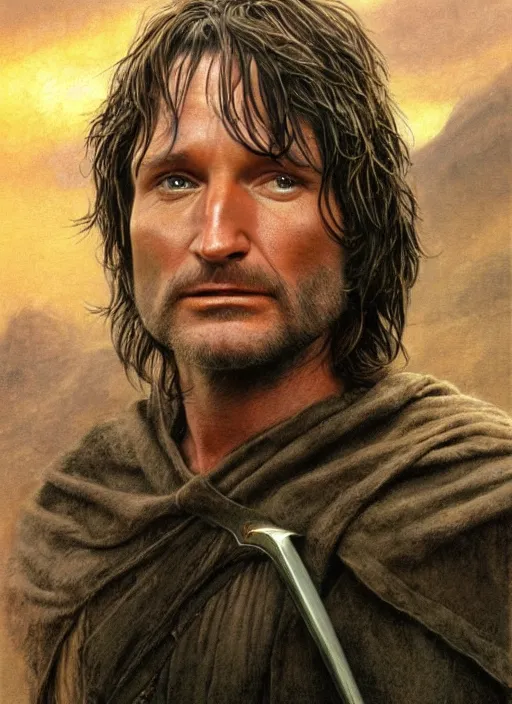 Prompt: Robin Williams as Aragorn by Alan Lee, golden hour, concept art, detailed clothing, art station, oil painting