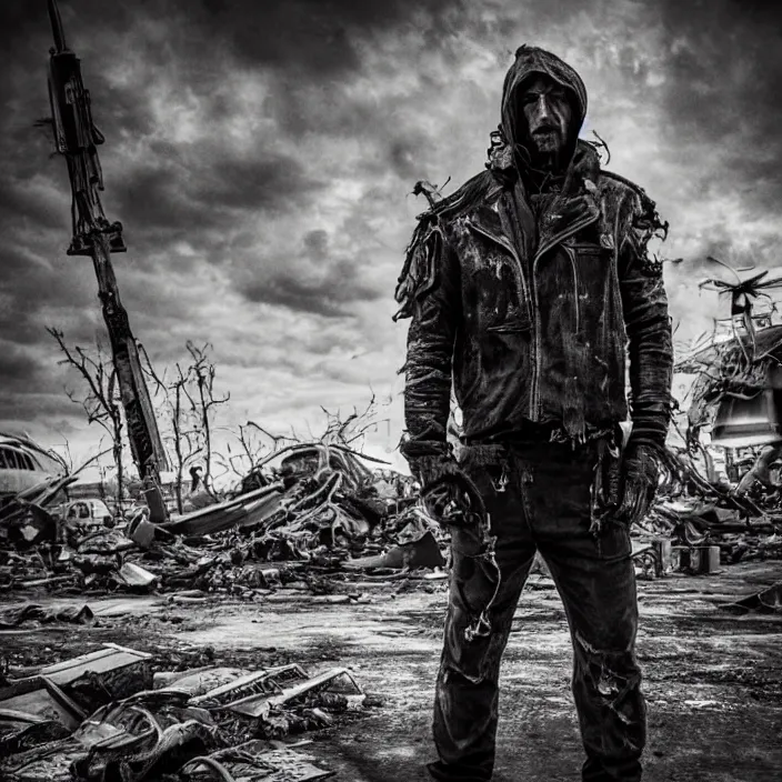 Image similar to gritty hooded apocalyptic man standing in destroyed airport, hyper - detailed, smooth, sharp focus, 4 k ultra hd, fantasy dark art, apocalyptic art