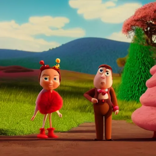 Image similar to Animated film still from a Pixar movie with a Candy land forest during christmas time with anthropomorphic ginger bread people and candy people, rivers made out of chocolate milk, the sky is pink, style of Pixar, Surreal, Angelic, HD, Hyper Realistic