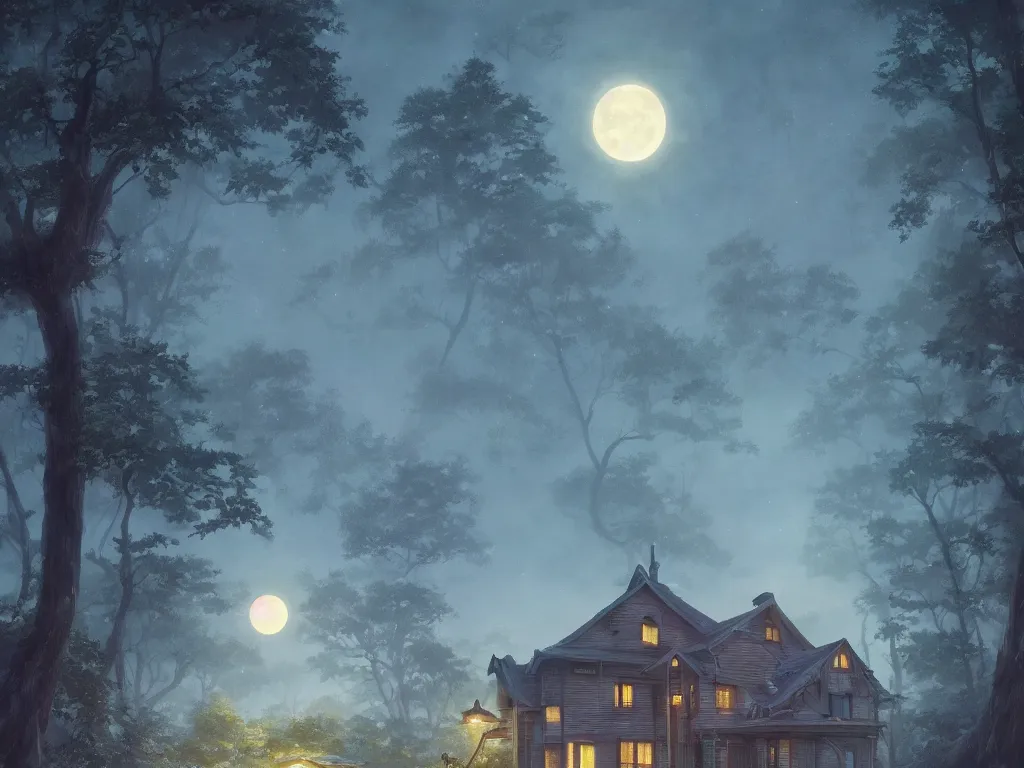 Image similar to A highly detailed matte painting of single house at night, moon, forest, by Studio Ghibli, Makoto Shinkai, by Artgerm, by WLOP, by Greg Rutkowski, volumetric lighting, octane render, 4K resolution, trending on artstation, masterpiece