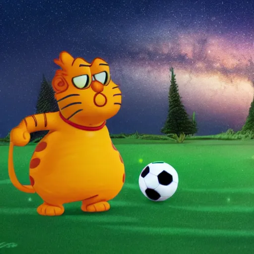 Prompt: garfield play soccer in milky way, 8 k, super detailed