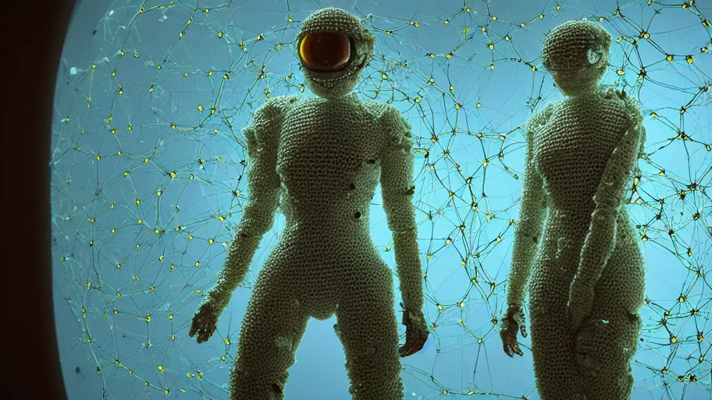 Image similar to a cybernetic symbiosis of a single astronaut mech-organic eva suit made of pearlescent wearing knitted shiny ceramic multi colored yarn thread infected with diamond 3d fractal lace iridescent bubble 3d skin dotted covered with orb stalks of insectoid compound eye camera lenses floats through the living room, film still from the movie directed by Denis Villeneuve with art direction by Salvador Dalí, wide lens,kevlar,carbon fiber,ceramics,gaseous materials,