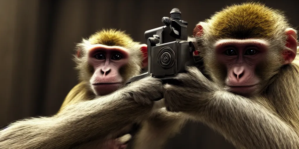 Prompt: monkey holding a gun, hyper-realistic, cool, cinematic, realistic, high detail