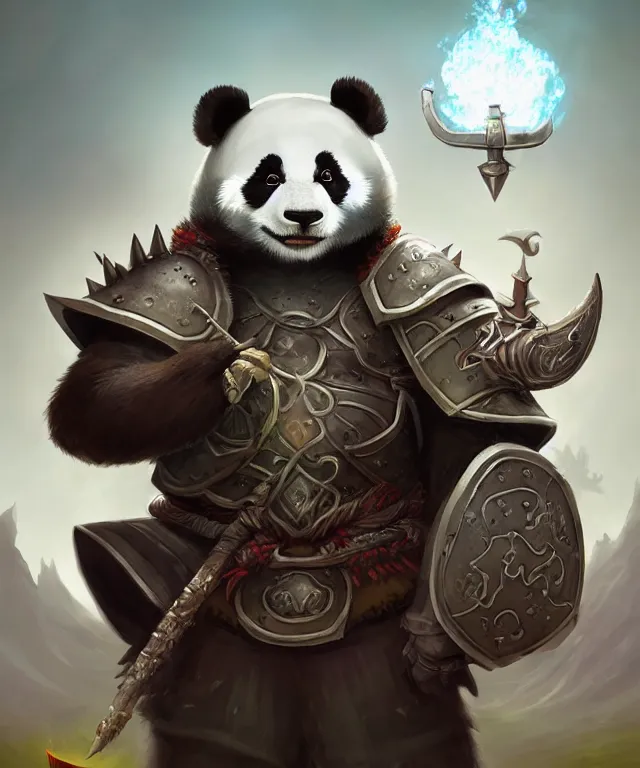 Image similar to a portrait an anthropomorphic panda samurai, wearing armor with spiked shoulders, small mouse companion, landscape in background, dnd character art portrait, world of warcraft style, by peter mohrbacher, cinematic lighting