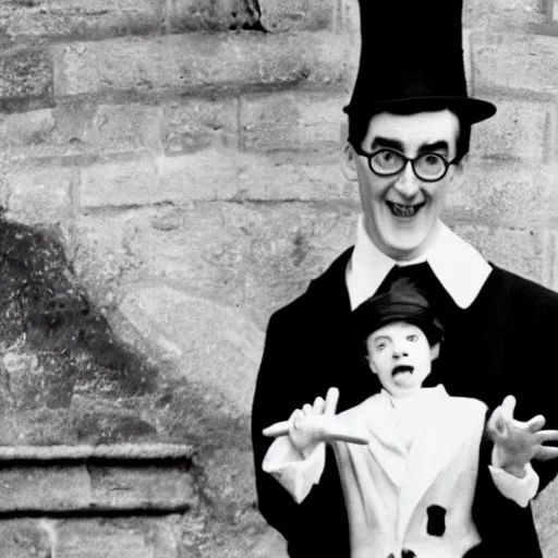 Image similar to a black and white photo of jacob rees - mogg as the childcatcher