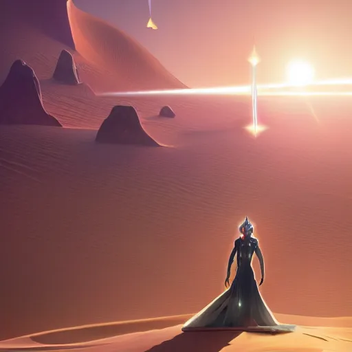 Image similar to huge angular vertical complex translucent crystals in the desert, reflection from the crystal is sparkling due to sun, small retro starship in the sky, futuristic hi-tech details, art by anthony macbain + greg rutkowski + alphonse mucha, concept art, 4k, sharp focus, cinematic render unreal engine