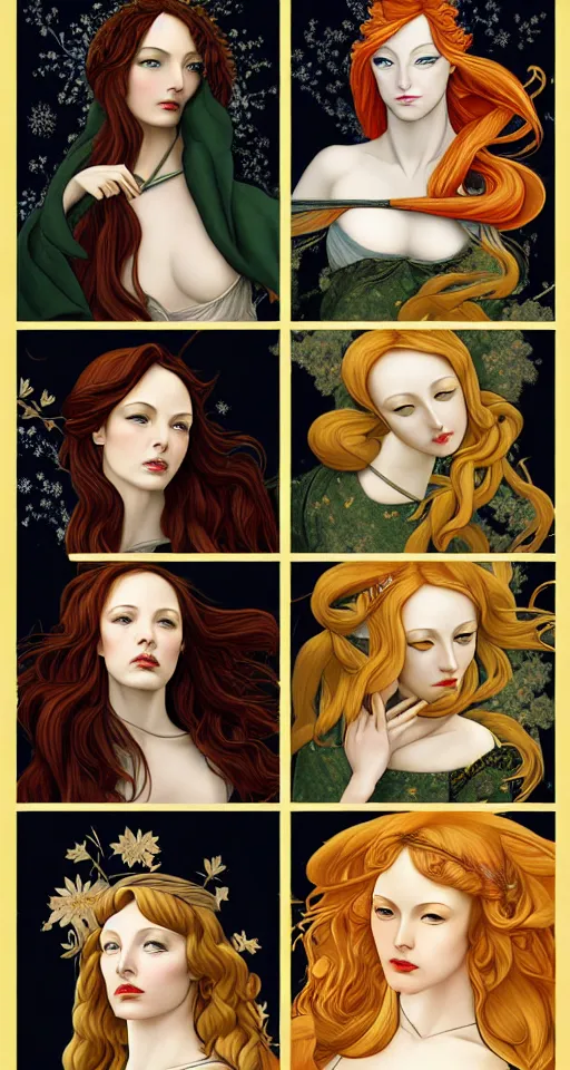 Image similar to the 12 months of the year as figures, (3 are Winter, 3 are Spring, 3 are Summer and 3 are Autumn), in a mixed style of Botticelli and Æon Flux, inspired by pre-raphaelite paintings and shoujo manga, hyper detailed, stunning inking lines, flat colors, 4K photorealistic