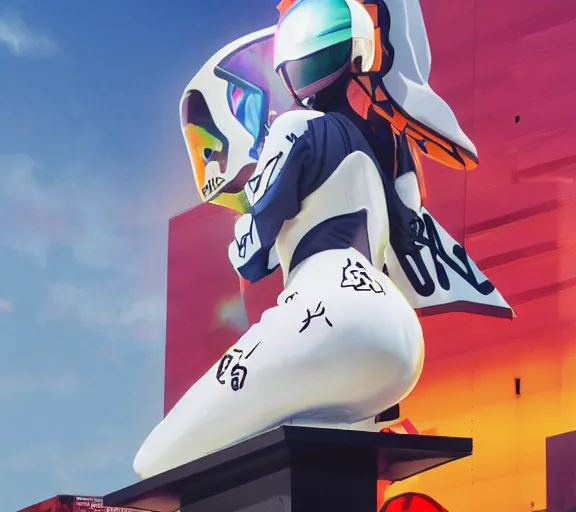 Image similar to billboard advertisement with an extremely beautiful photo of a white marble statue of an anime girl with colorful motocross logos and motorcycle helmet with closed visor, colorful smoke in the background, carved marble statue, fine art, neon genesis evangelion, virgil abloh, offwhite, denoise, highly detailed, 8 k, hyperreal