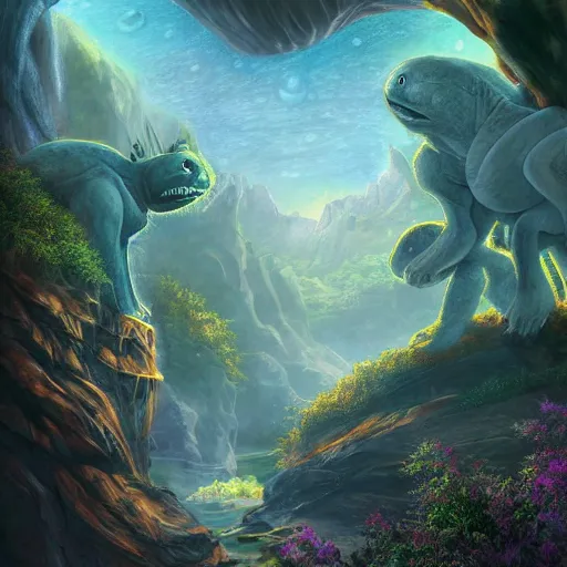 Image similar to the land before time, artstation hall of fame gallery, editors choice, # 1 digital painting of all time, most beautiful image ever created, emotionally evocative, greatest art ever made, lifetime achievement magnum opus masterpiece, the most amazing breathtaking image with the deepest message ever painted, a thing of beauty beyond imagination or words