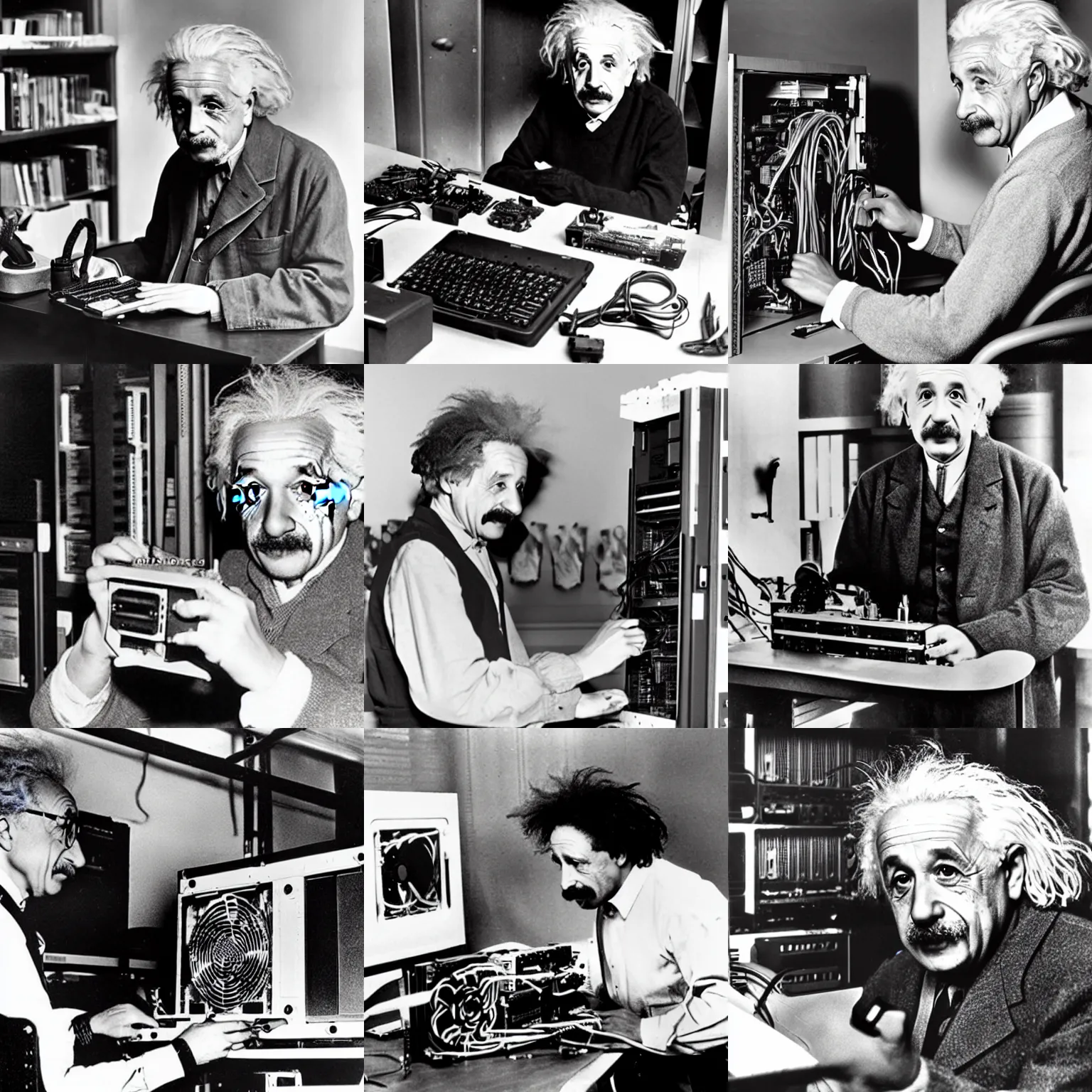 Image similar to albert einstein building a PC