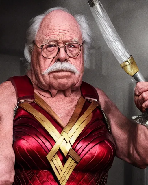 Image similar to wilford brimley as wonder woman, movie, hyper realistic, hollywood promotional image, imax, 8 k