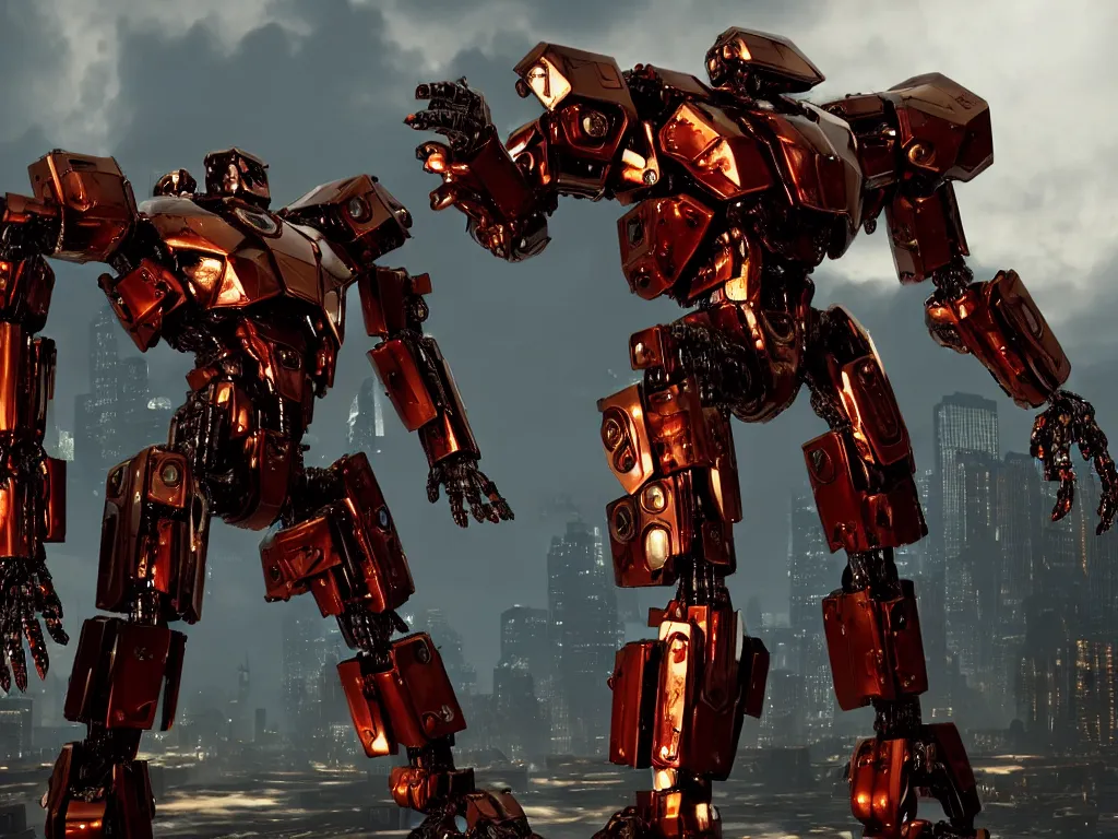 Image similar to a shiny ornate boxing humanoid mecha in ruin city, victory, bright, by war robots, real steel ( 2 0 1 1 ), westworld and eve venture and pacific rim and machine warrior 5, cryengine, frostbite 3 engine, scarlet and yellow scheme, sharp focus, 8 k, high definition, insanely detailed, soft lighting, smooth face