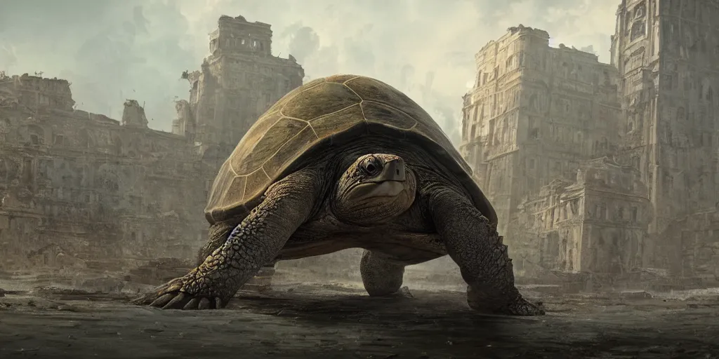 Prompt: huge ancient turtle with an abandoned city built on its shield, greg rutkowski, 8 k, shallow depth of field, intricate detail, concept art,