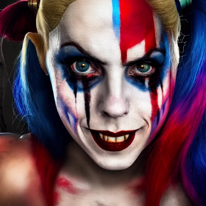 Image similar to portrait of Melanie C as a harley quinn in Suicide Squad. intricate artwork, octane render, trending on artstation, very coherent symmetrical artwork. cinematic, hyper realism, high detail, octane render, 8k