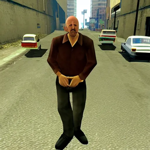 Image similar to Mike Ehrmantraut in Grove Street, screenshot from the PS2 version of GTA San Andreas