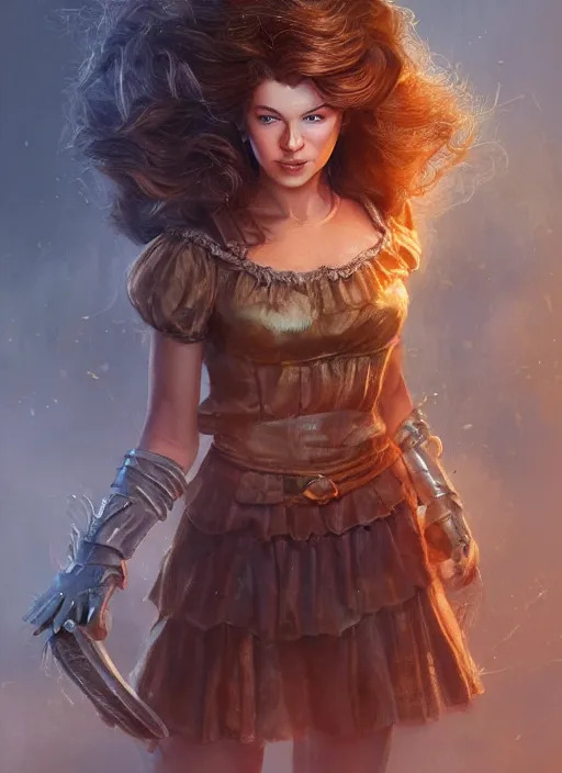 Image similar to beautiful female dorothy gale, rebecca romijn as dorothy, full body character concept, covered in full iron armor, super powers, fantasy, intricate, elegant, highly detailed, digital painting, artstation, concept art, shining, sharp focus, illustration, art by stanley lau