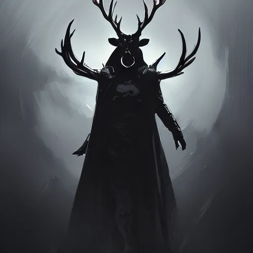 Prompt: portrait of a character wearing a black cloak, with a white mask in the shape of a deer skull, the mask covers her entire face, dramatic lighting, illustration by Greg rutkowski, yoji shinkawa, 4k, digital art, concept art, trending on artstation