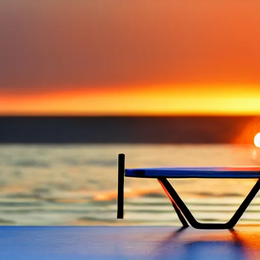 Image similar to Table Tennis bat on a table in front of a sunset at the seaside